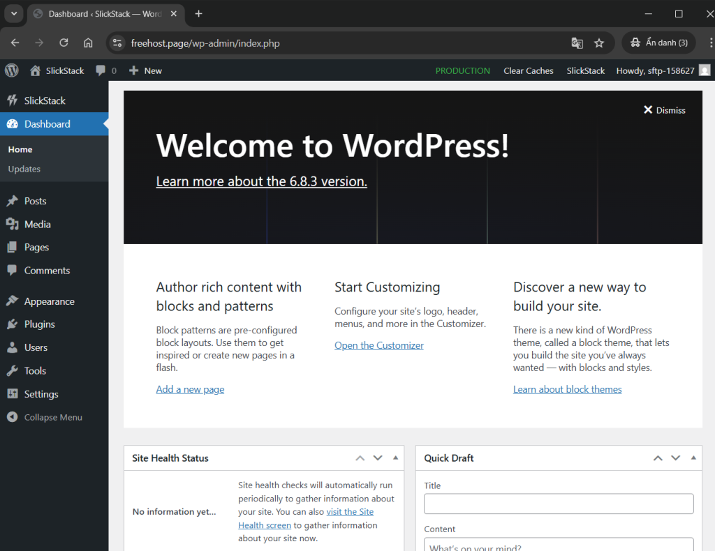 Đăng nhập thành công trang WordPress được tạo bởi SlickStack