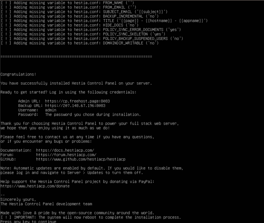 Cài HestiaAP thành công