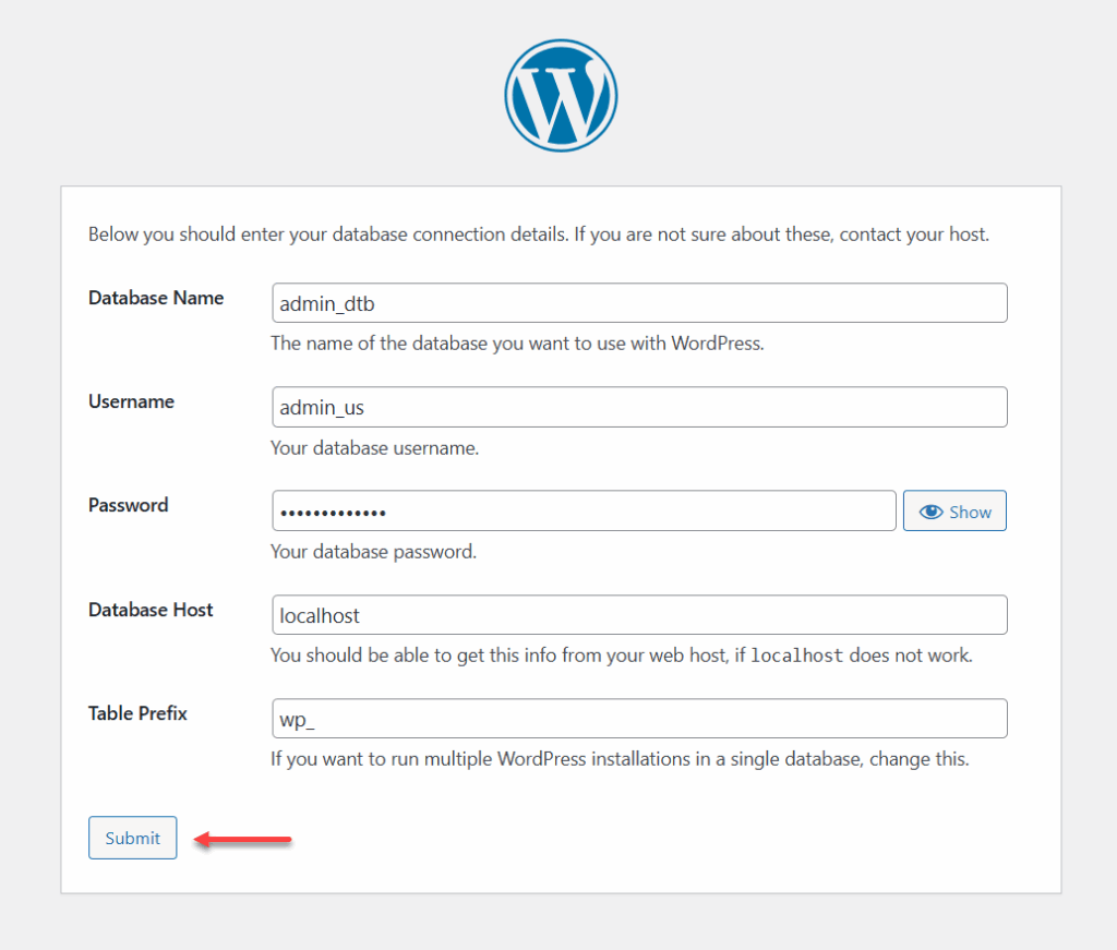 Nhập thông tin để cài đặt trang WordPress