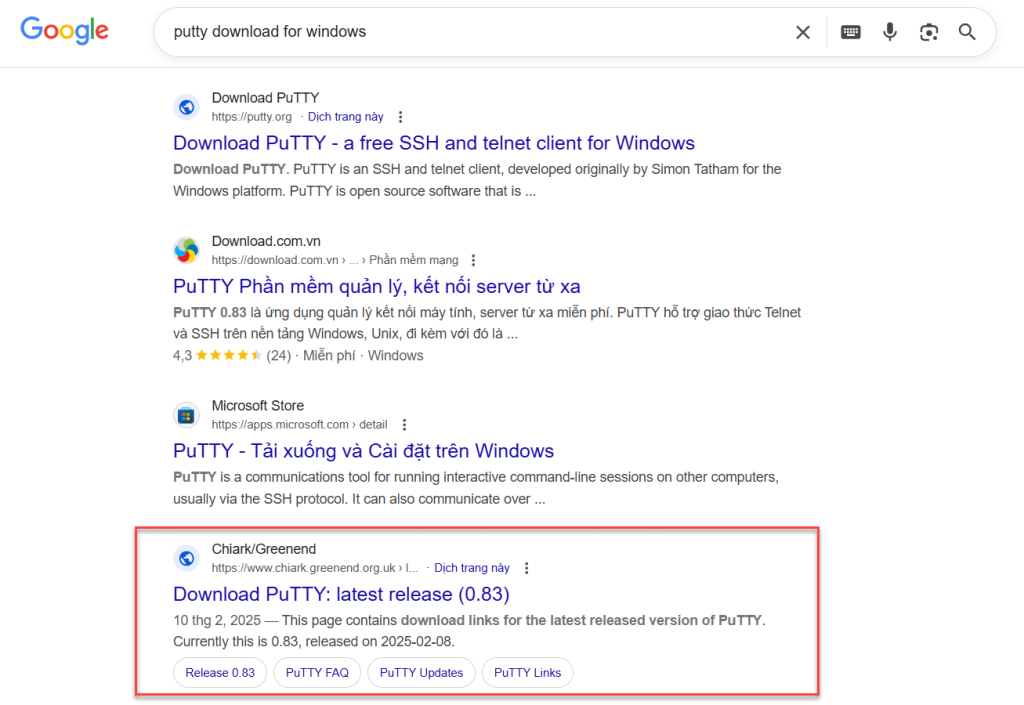 Trang chính thức của PuTTY xếp thứ 4
