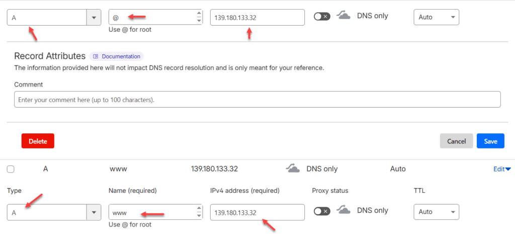 Trỏ 2 bản ghi A về IP của VPS